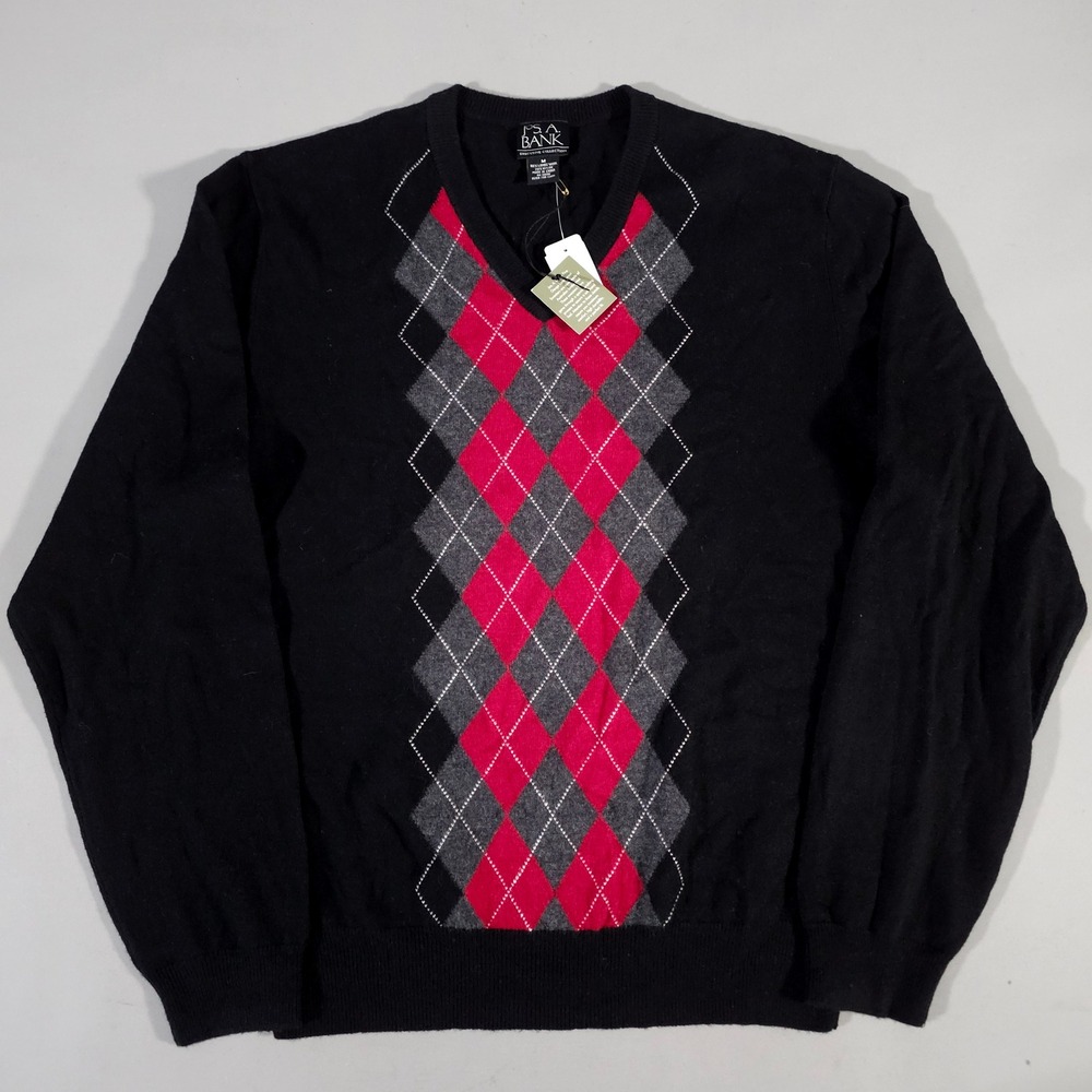 Jos. A. Bank Sweater Mens M Black Argyle Lambswool V-Neck Executive Collection